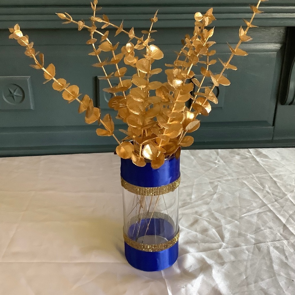 Gold eucalyptus centerpiece with ribbon & rhinestone vase..you pick colo…